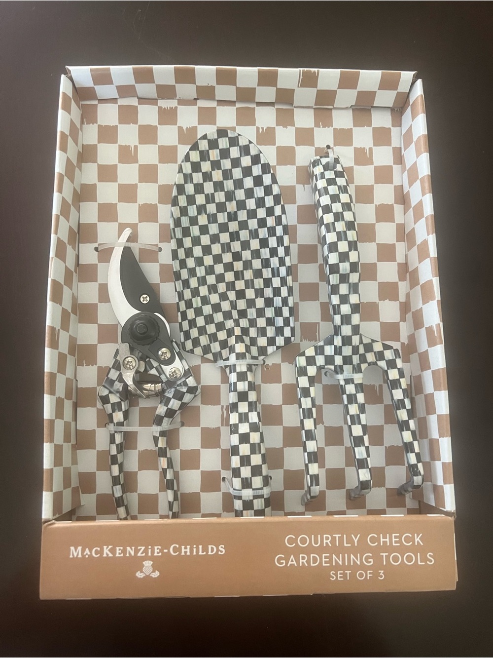 Mackenzie-Child’s courtly check gardening tools, set of 3